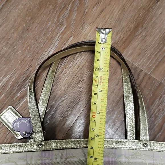 COACH Metallic Gold Plaid Monogram Logo Mini Handbag Luxury Formal Occassion - Picture 8 of 11